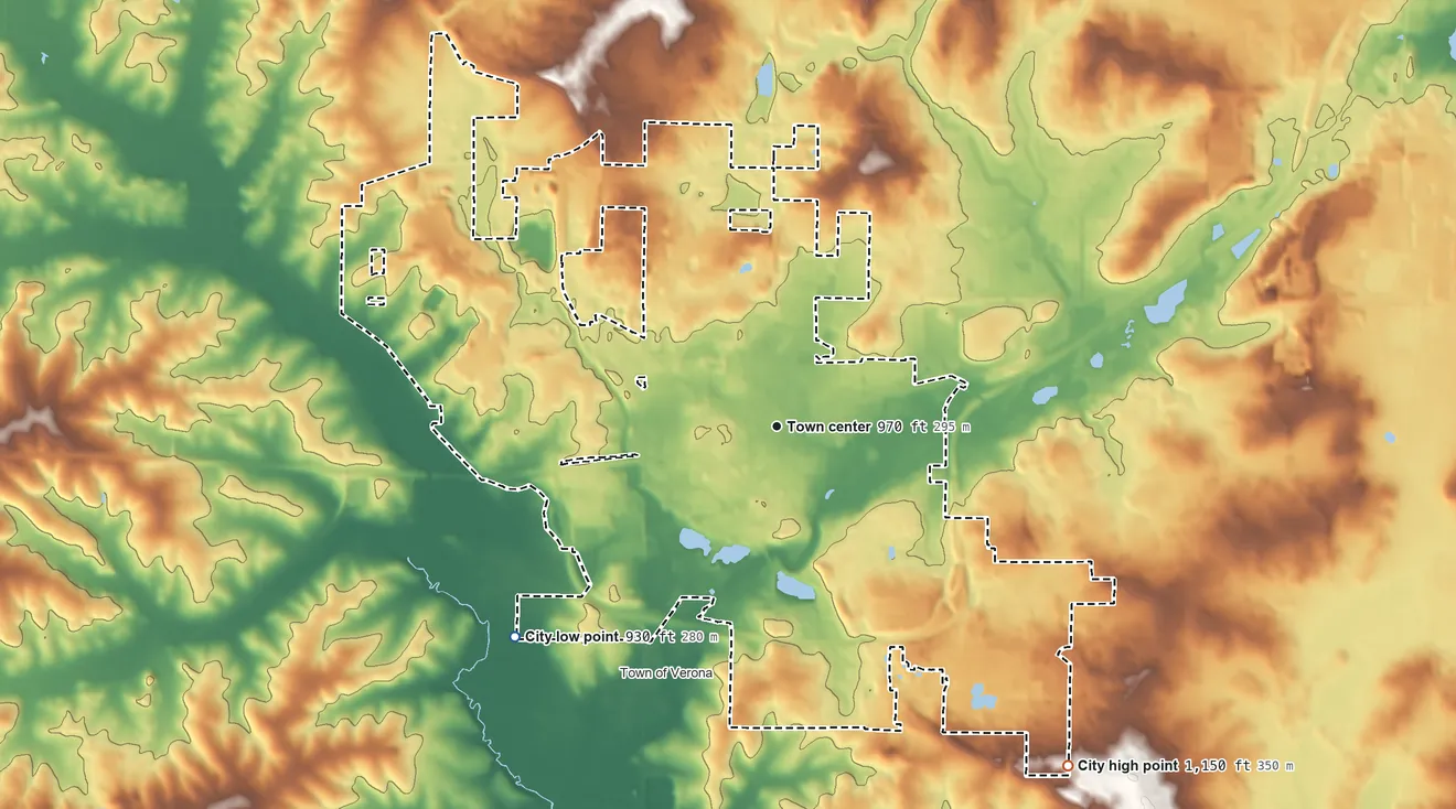 Topographic elevation map of Verona, Wisconsin, shaded from 930 ft on the southwest side to 1,150 ft on the southeast side