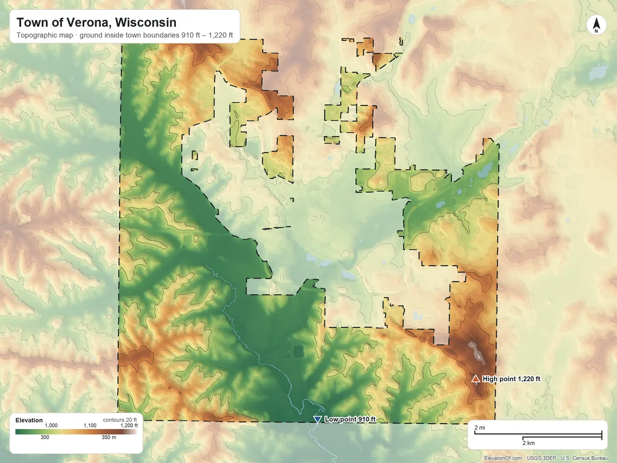Topographic elevation map of Town of Verona, Wisconsin, shaded from 910 ft on the south side to 1,220 ft on the east side