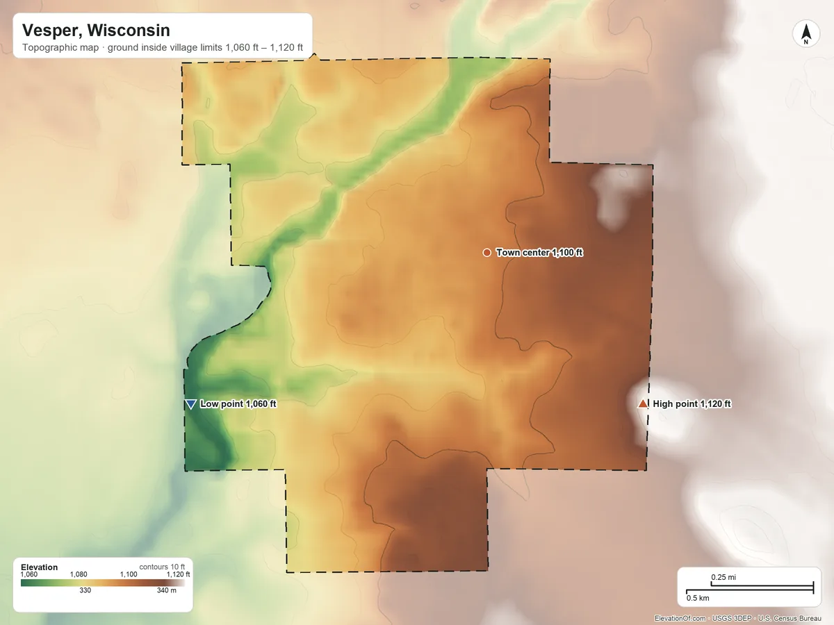 Topographic elevation map of Vesper, Wisconsin, shaded from 1,060 ft on the southwest side to 1,120 ft on the southeast side