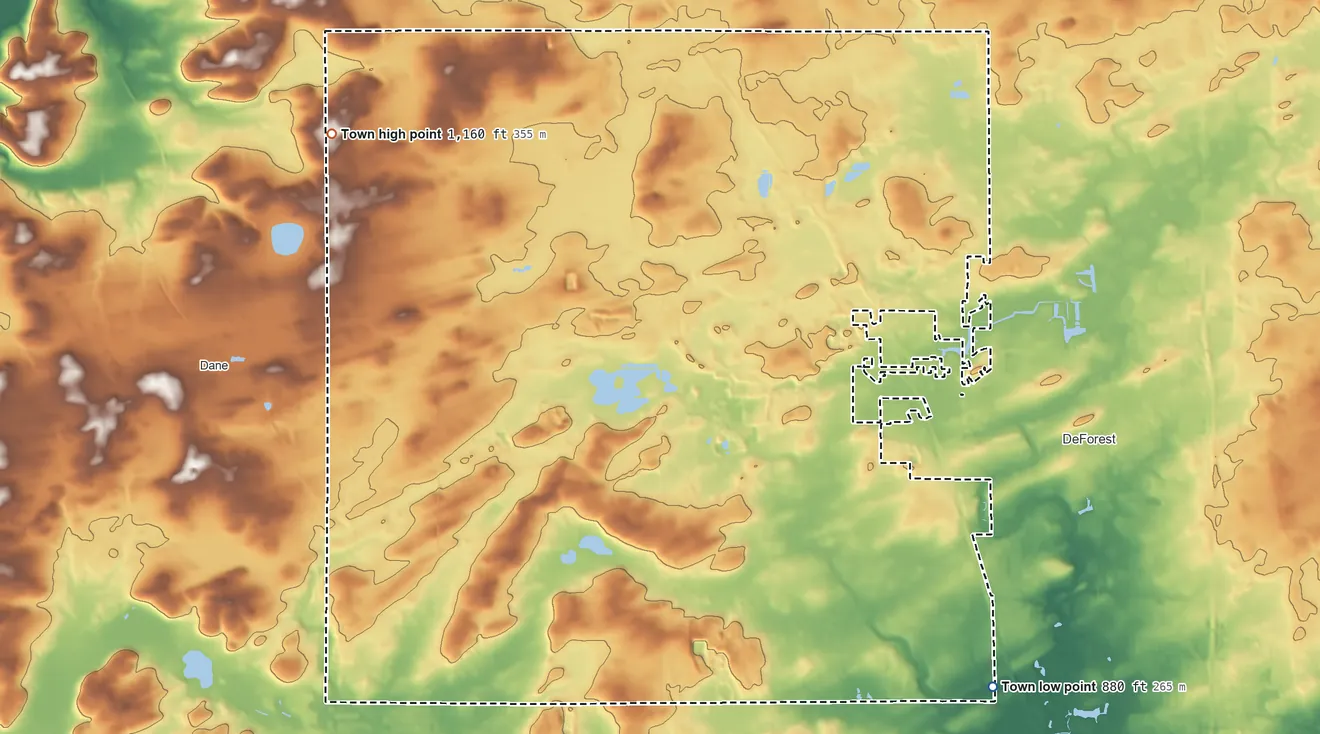 Topographic elevation map of Vienna, Wisconsin, shaded from 880 ft on the southeast side to 1,160 ft on the northwest side