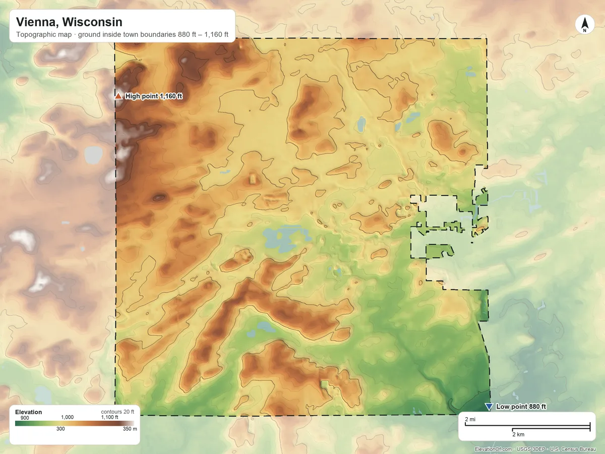 Topographic elevation map of Vienna, Wisconsin, shaded from 880 ft on the southeast side to 1,160 ft on the northwest side