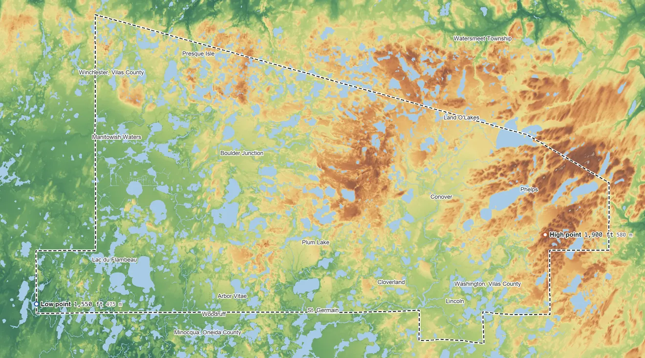 Topographic elevation map of Vilas County, Wisconsin, shaded from 1,550 ft on the southwest side to 1,900 ft on the east side