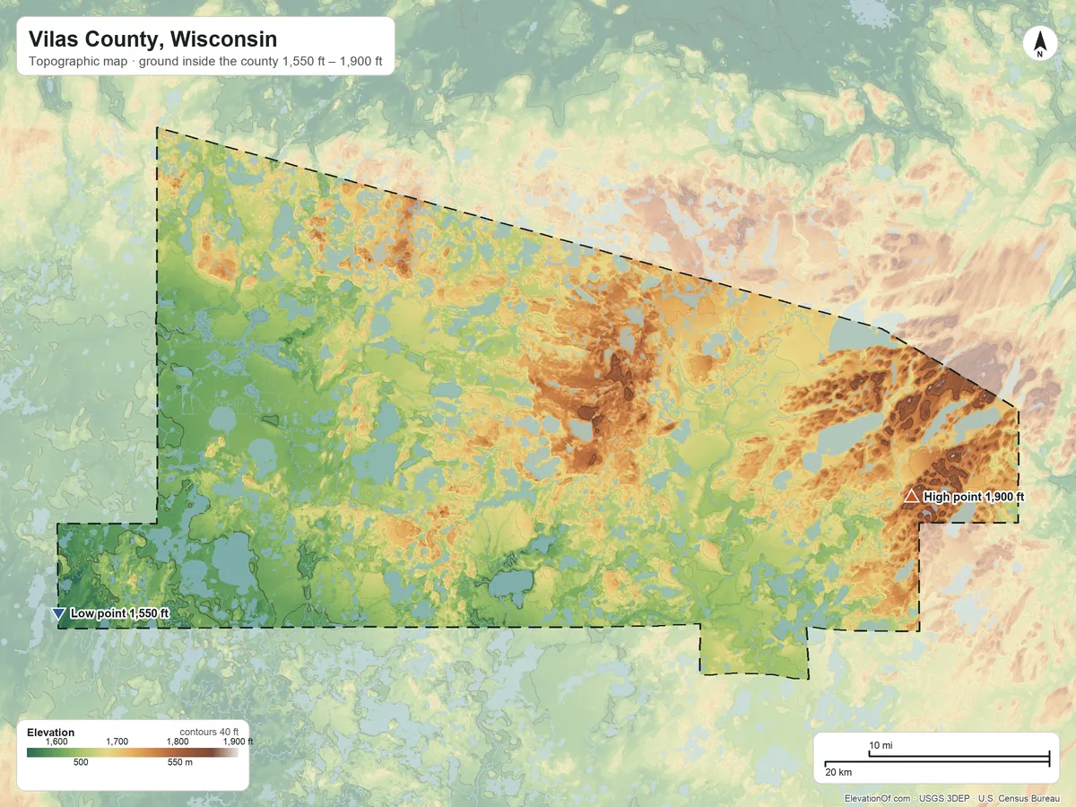 Topographic elevation map of Vilas County, Wisconsin, shaded from 1,550 ft on the southwest side to 1,900 ft on the east side