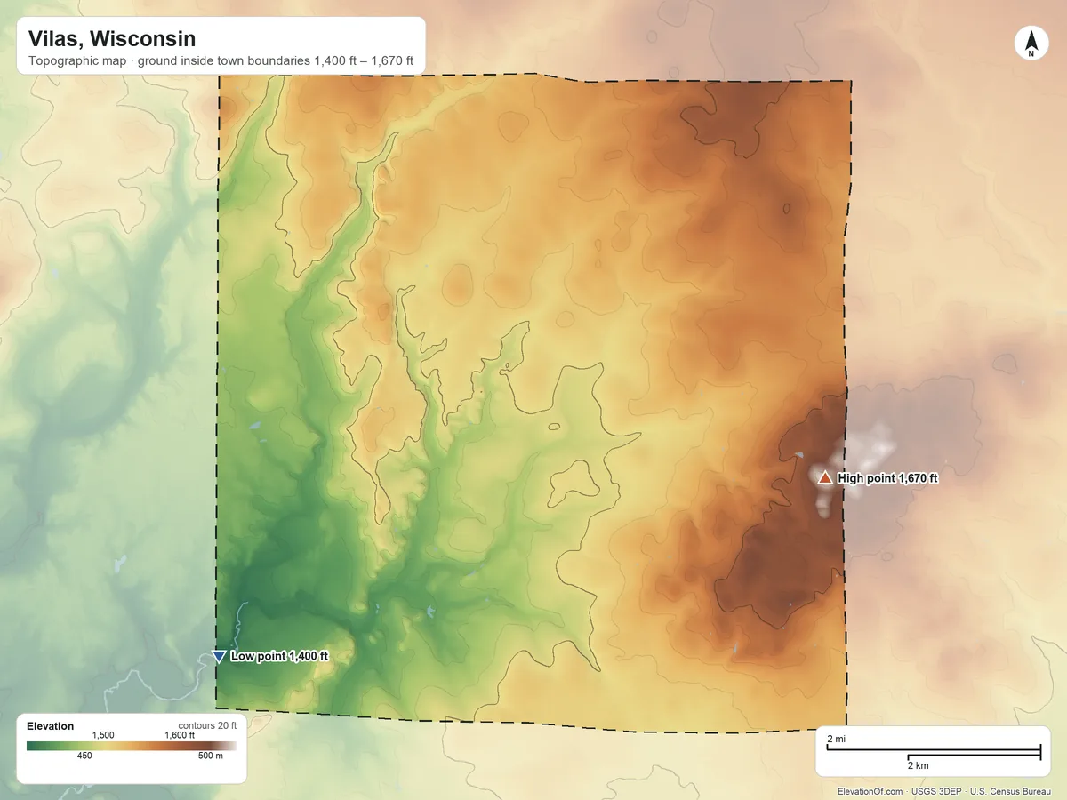 Topographic elevation map of Vilas, Wisconsin, shaded from 1,400 ft on the southwest side to 1,670 ft on the east side