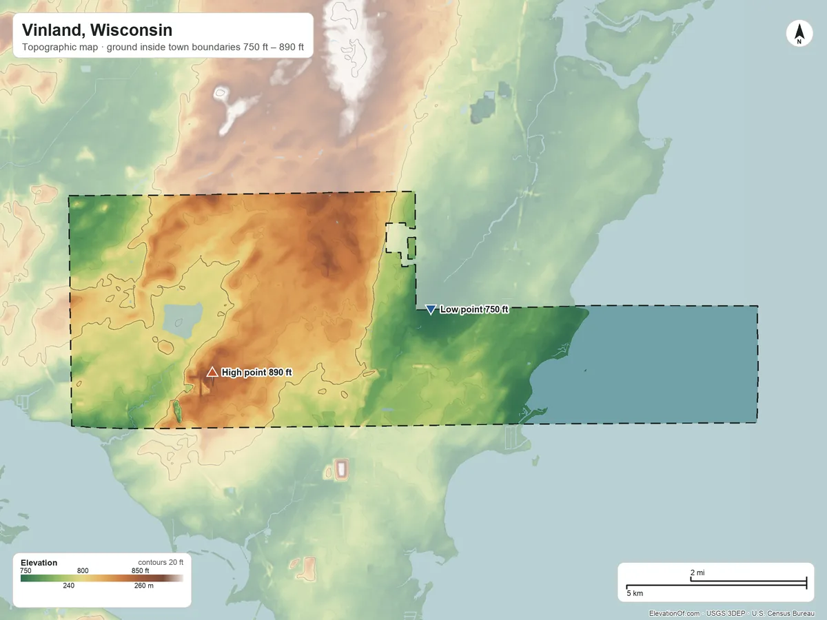 Topographic elevation map of Vinland, Wisconsin, shaded from 750 ft on the east side to 890 ft on the west side