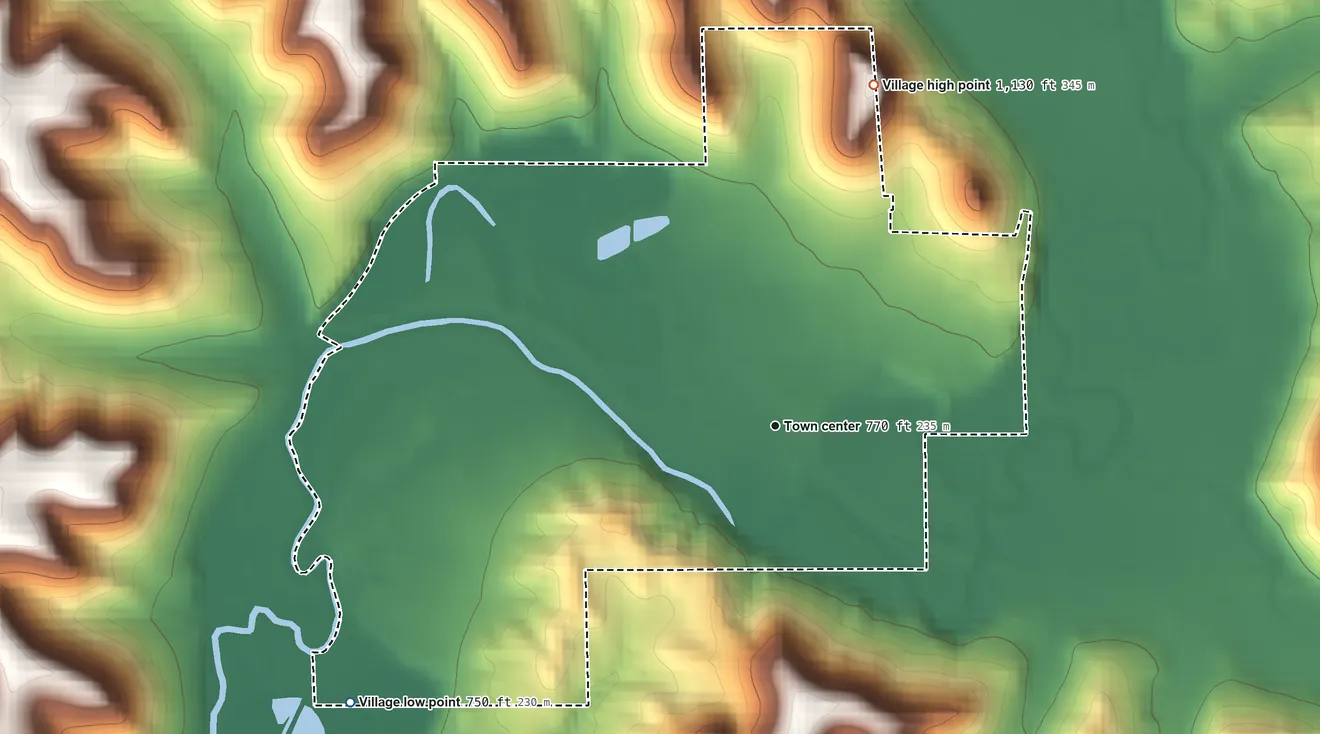 Topographic elevation map of Viola, Wisconsin, shaded from 750 ft on the southwest side to 1,130 ft on the north edge, below higher ground just outside
