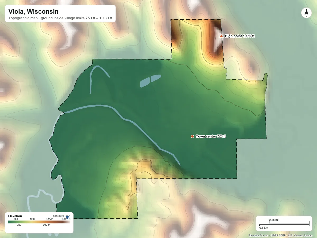 Topographic elevation map of Viola, Wisconsin, shaded from 750 ft on the southwest side to 1,130 ft on the north edge, below higher ground just outside