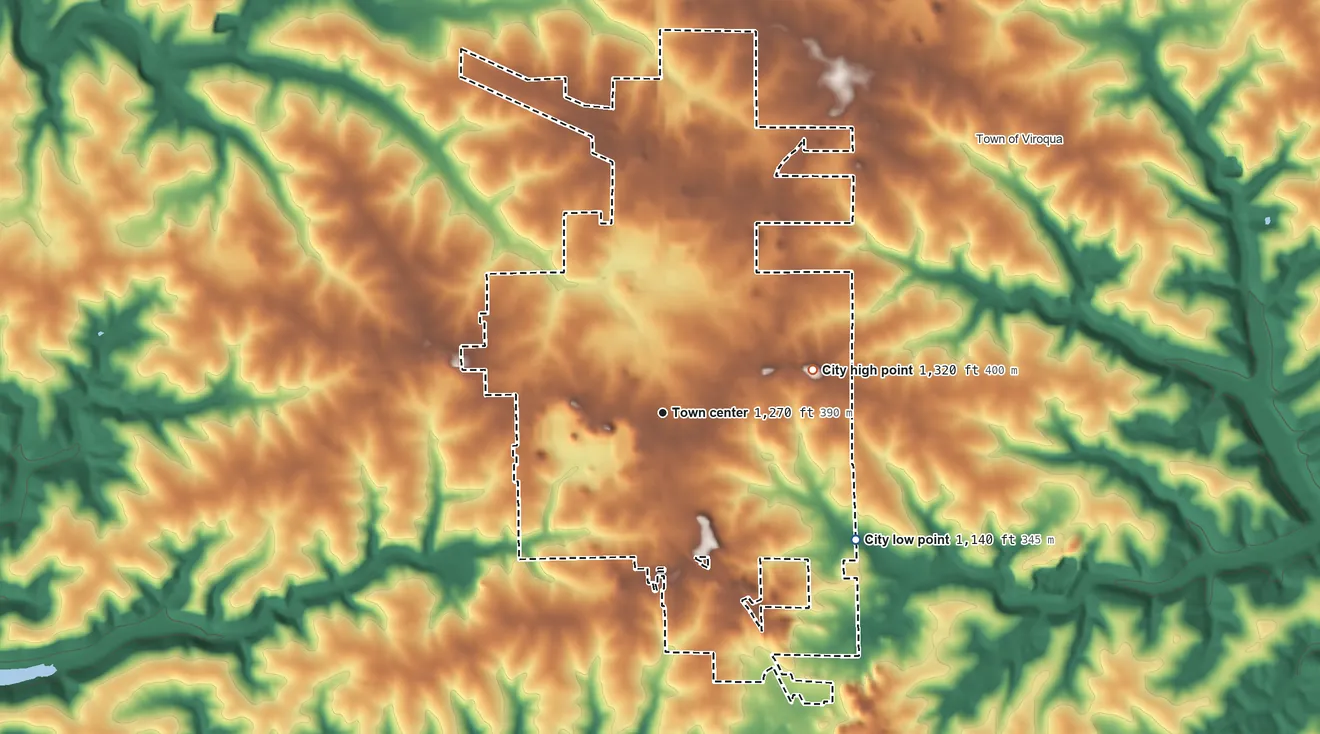 Topographic elevation map of Viroqua, Wisconsin, shaded from 1,140 ft on the southeast side to 1,320 ft on the east side