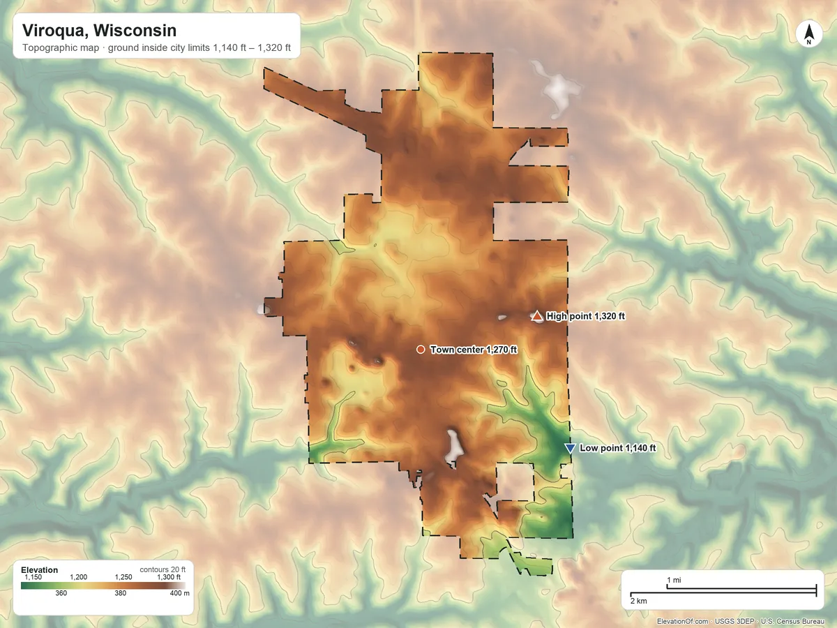 Topographic elevation map of Viroqua, Wisconsin, shaded from 1,140 ft on the southeast side to 1,320 ft on the east side