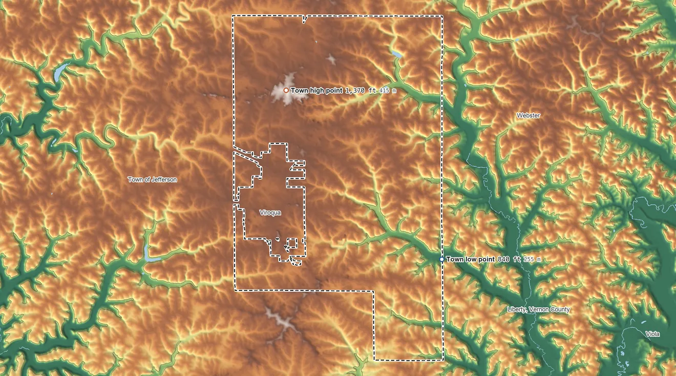 Topographic elevation map of Town of Viroqua, Wisconsin, shaded from 840 ft on the southeast side to 1,370 ft on the northwest side
