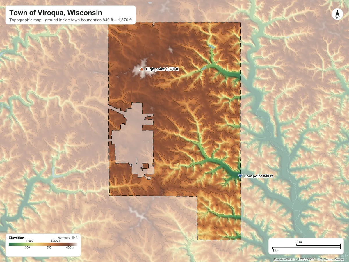 Topographic elevation map of Town of Viroqua, Wisconsin, shaded from 840 ft on the southeast side to 1,370 ft on the northwest side