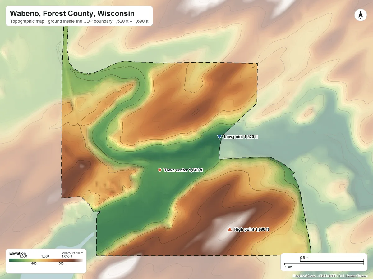 Topographic elevation map of Wabeno, Forest County, Wisconsin, shaded from 1,520 ft on the northeast side to 1,690 ft on the southeast side