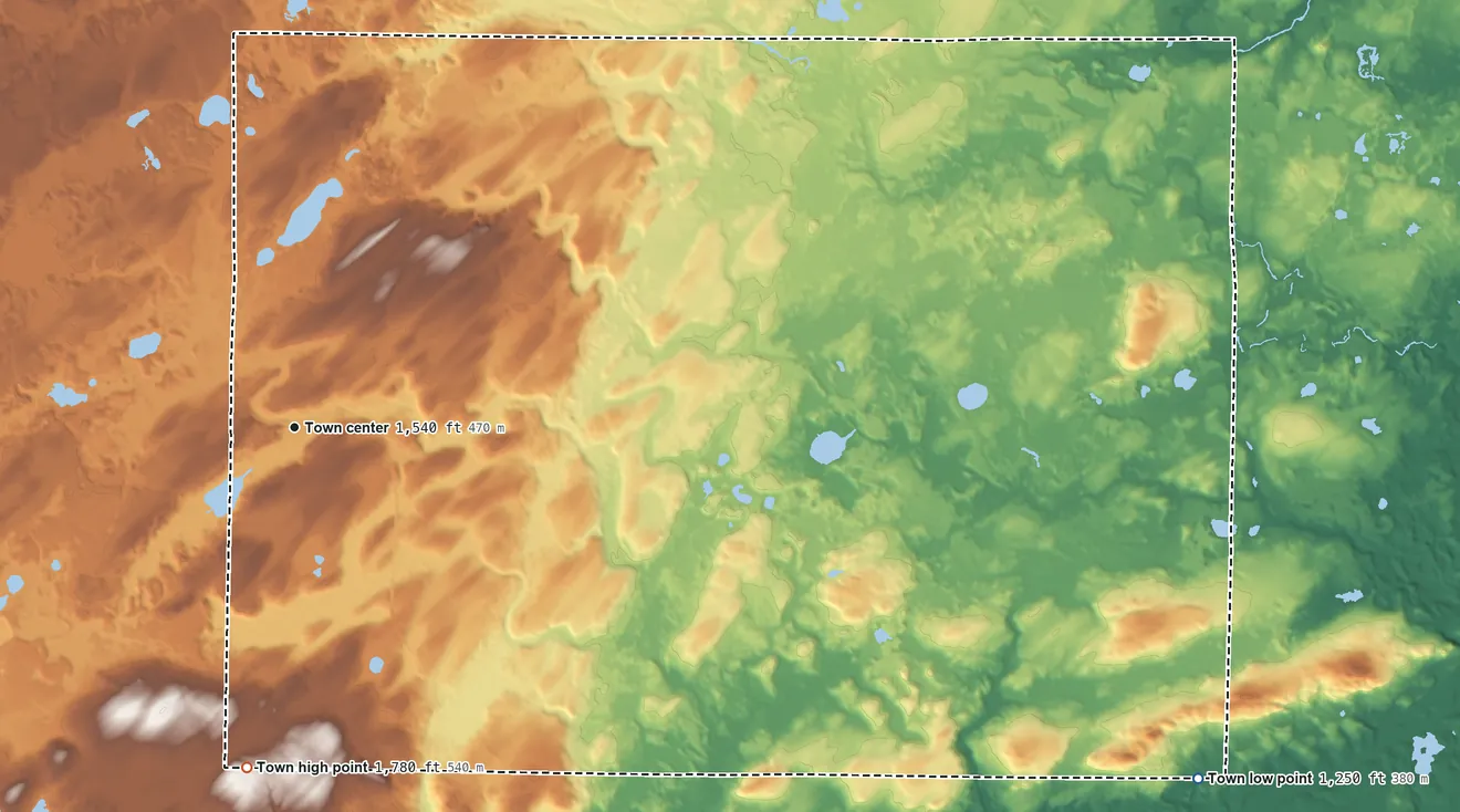Topographic elevation map of Wabeno, Wisconsin, shaded from 1,250 ft on the east side to 1,780 ft on the south side