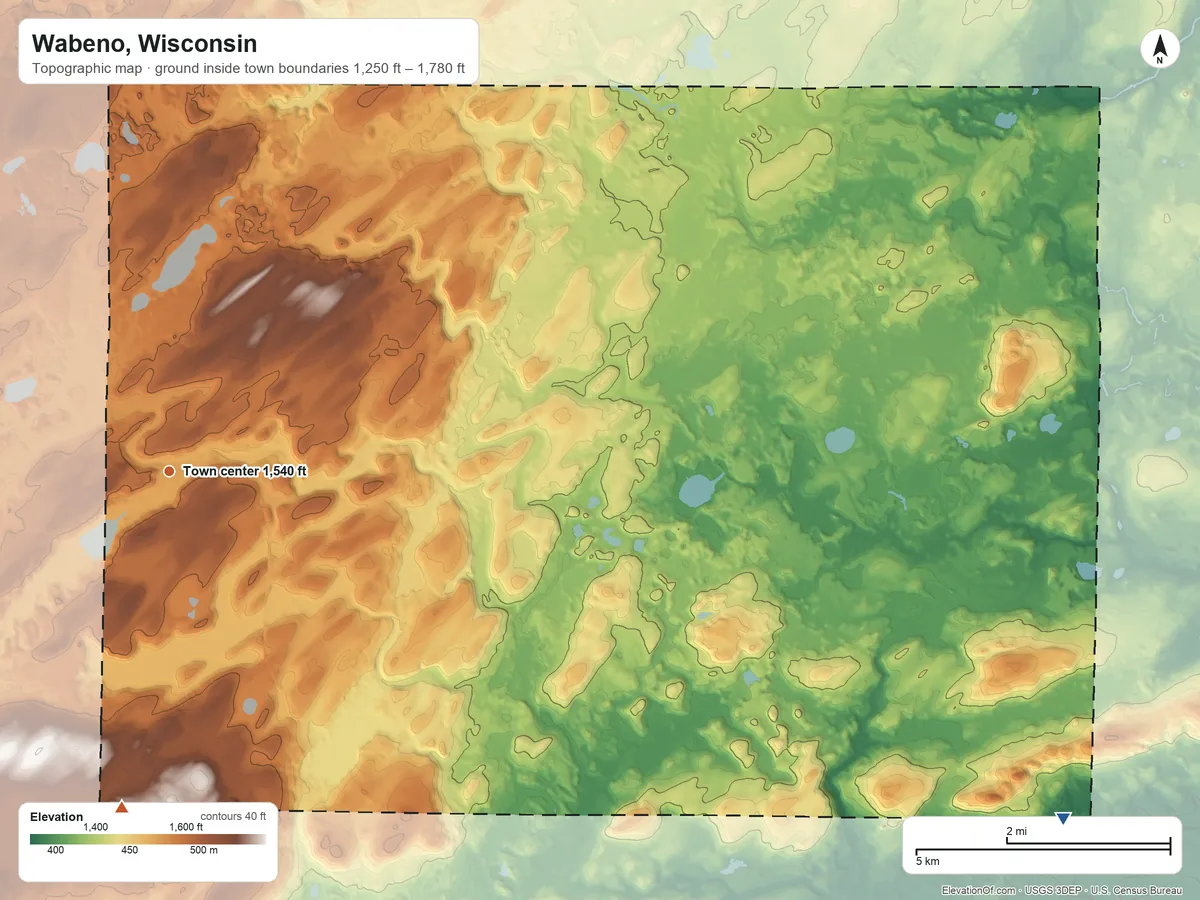 Topographic elevation map of Wabeno, Wisconsin, shaded from 1,250 ft on the east side to 1,780 ft on the south side