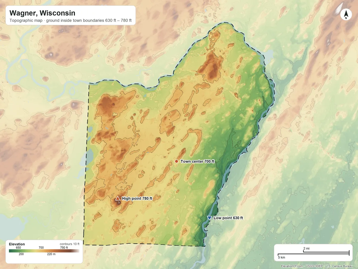 Topographic elevation map of Wagner, Wisconsin, shaded from 630 ft on the southeast side to 780 ft on the southwest side