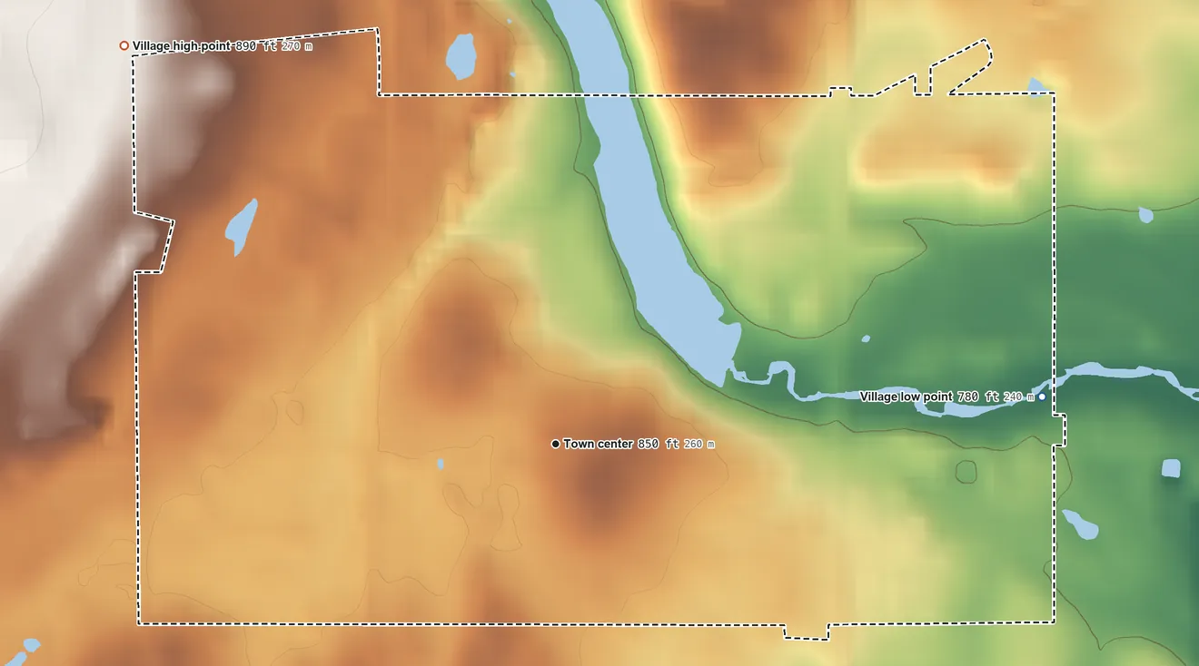 Topographic elevation map of Waldo, Wisconsin, shaded from 780 ft on the east side to 890 ft on the northwest side