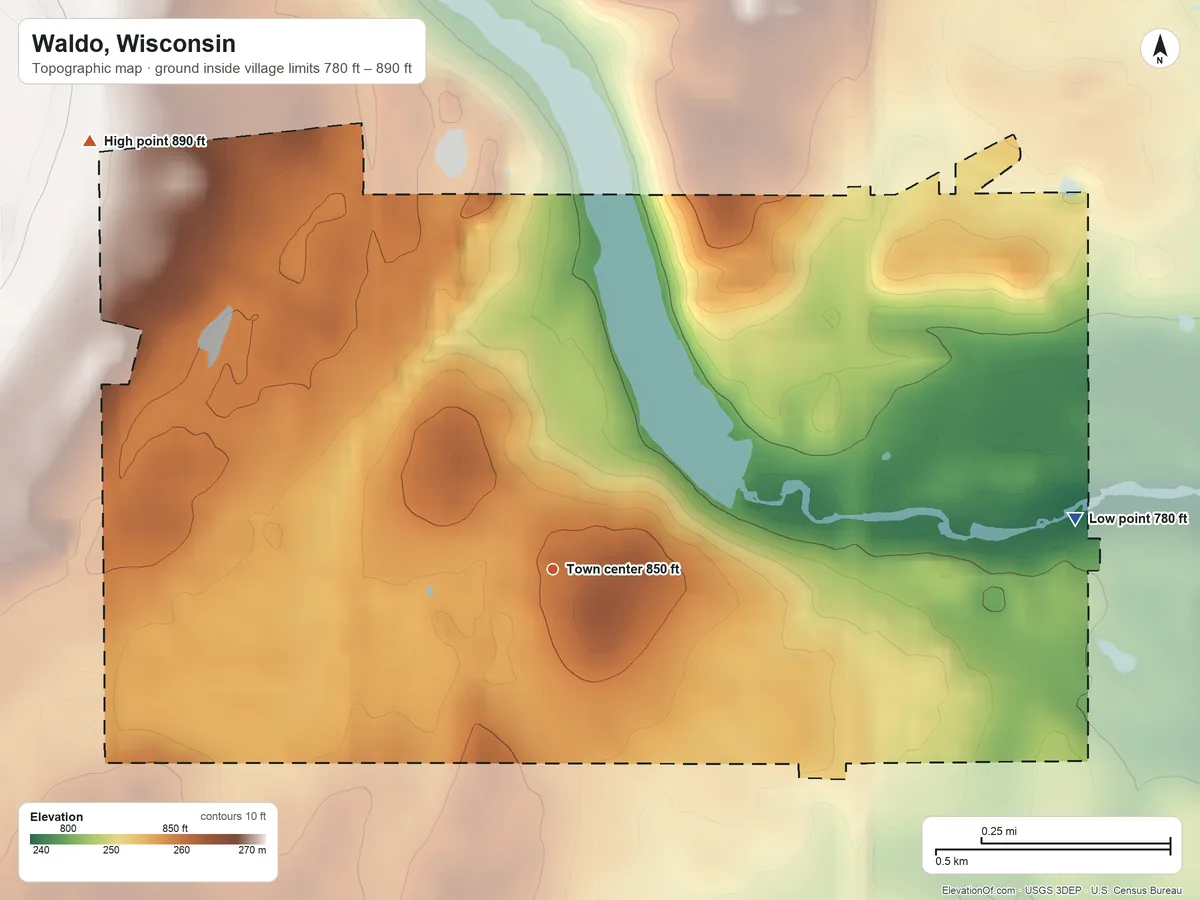 Topographic elevation map of Waldo, Wisconsin, shaded from 780 ft on the east side to 890 ft on the northwest side