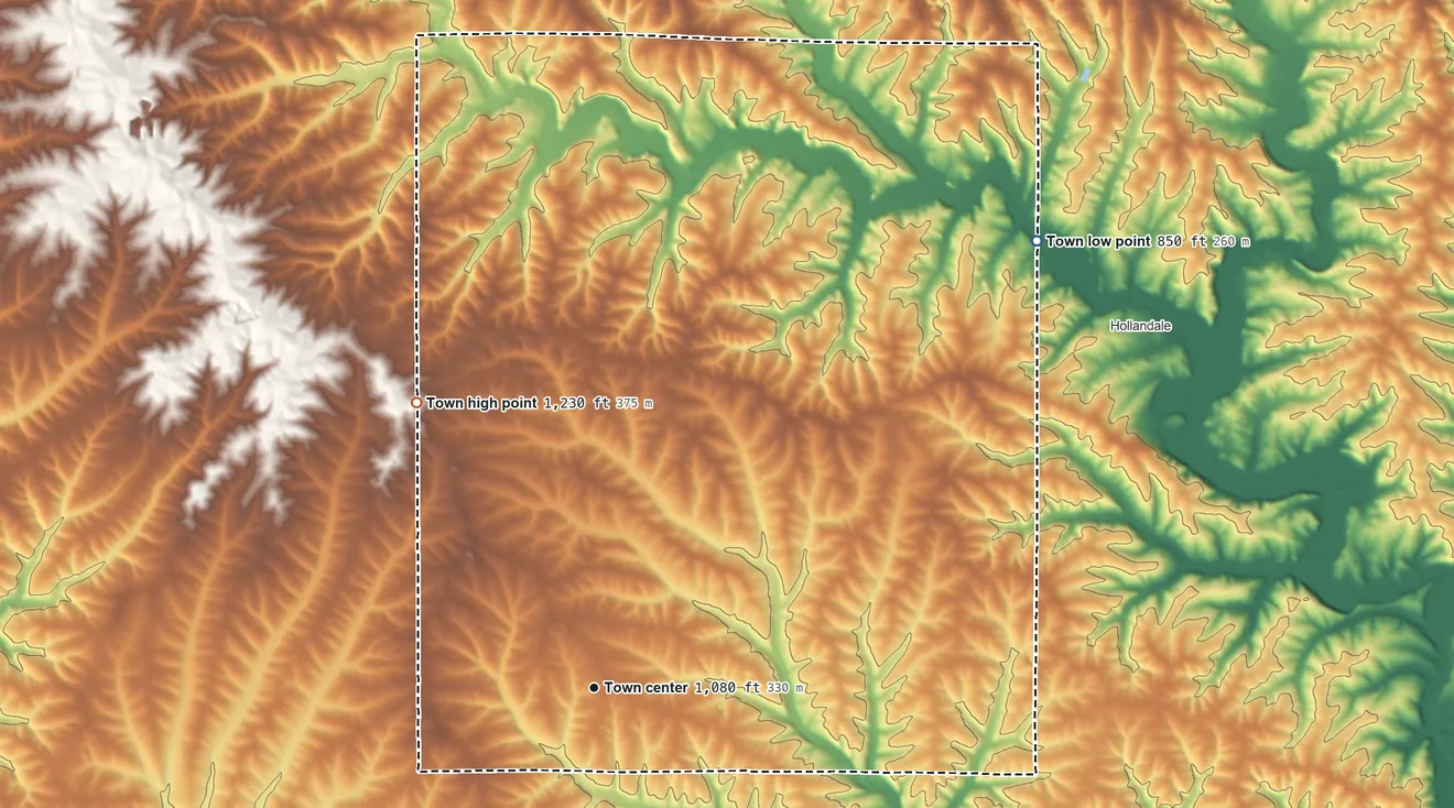 Topographic elevation map of Waldwick, Wisconsin, shaded from 850 ft on the northeast side to 1,230 ft on the northwest side