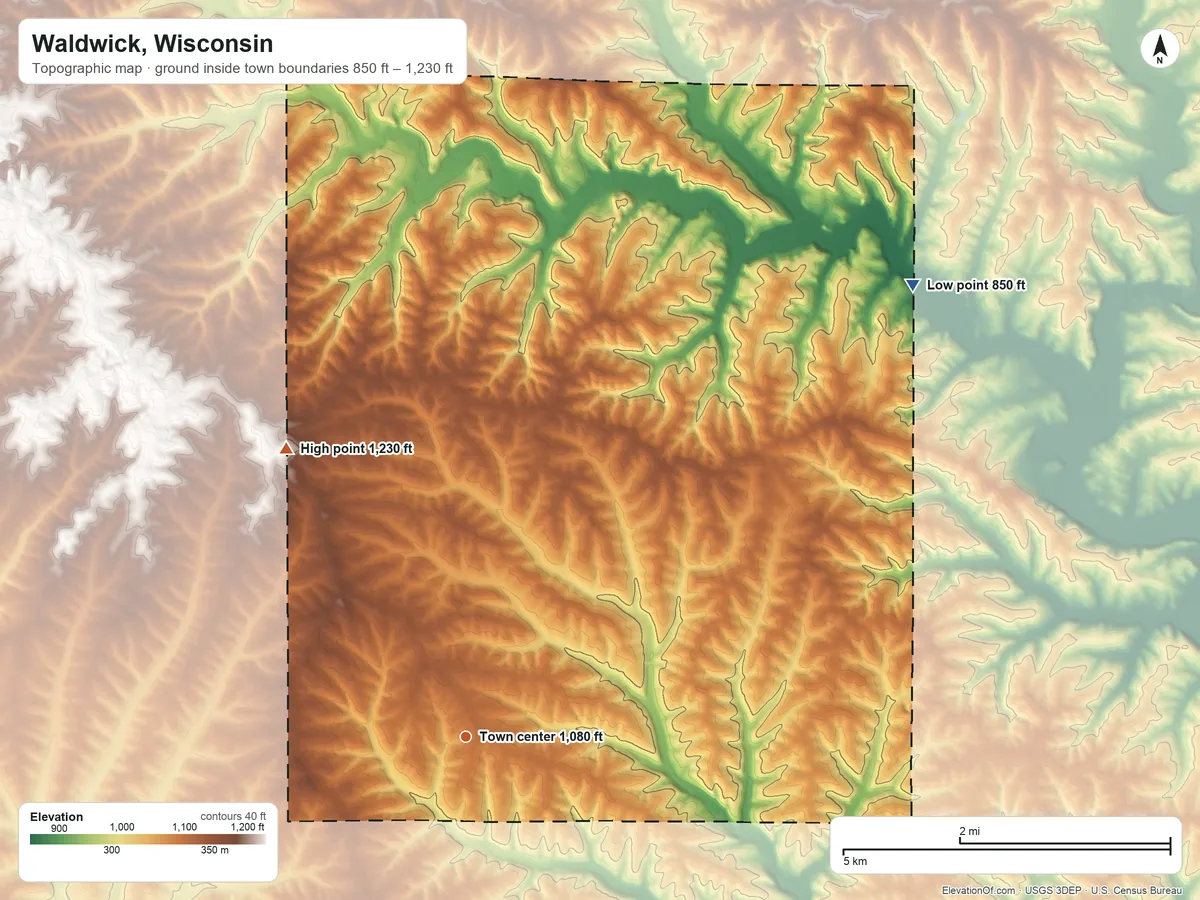 Topographic elevation map of Waldwick, Wisconsin, shaded from 850 ft on the northeast side to 1,230 ft on the northwest side