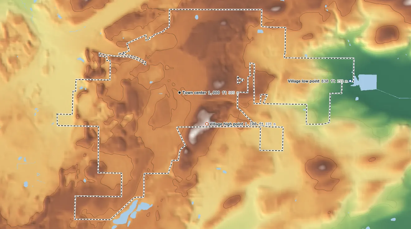 Topographic elevation map of Wales, Wisconsin, shaded from 830 ft on the east side to 1,100 ft on the southeast side