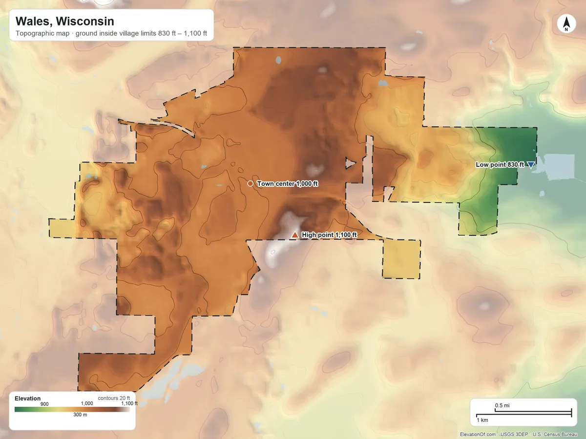 Topographic elevation map of Wales, Wisconsin, shaded from 830 ft on the east side to 1,100 ft on the southeast side