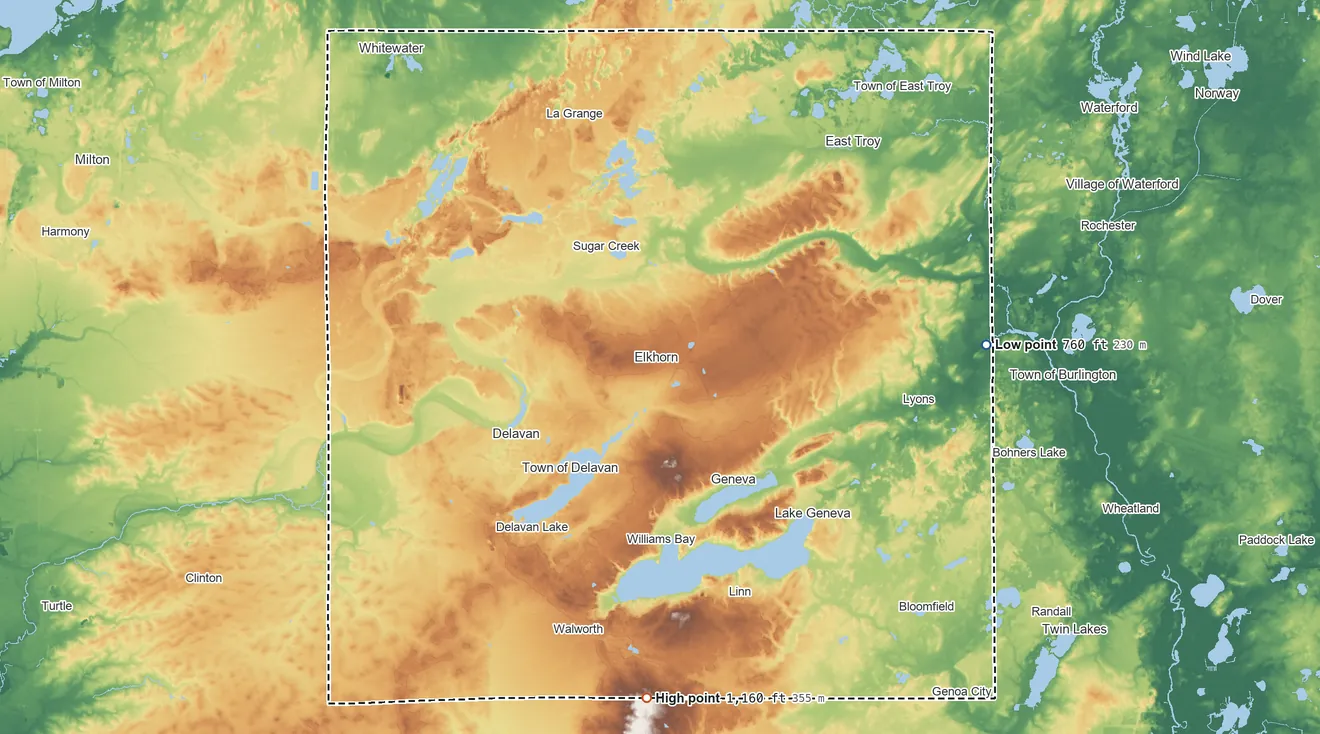 Topographic elevation map of Walworth County, Wisconsin, shaded from 760 ft on the east side to 1,160 ft on the south side