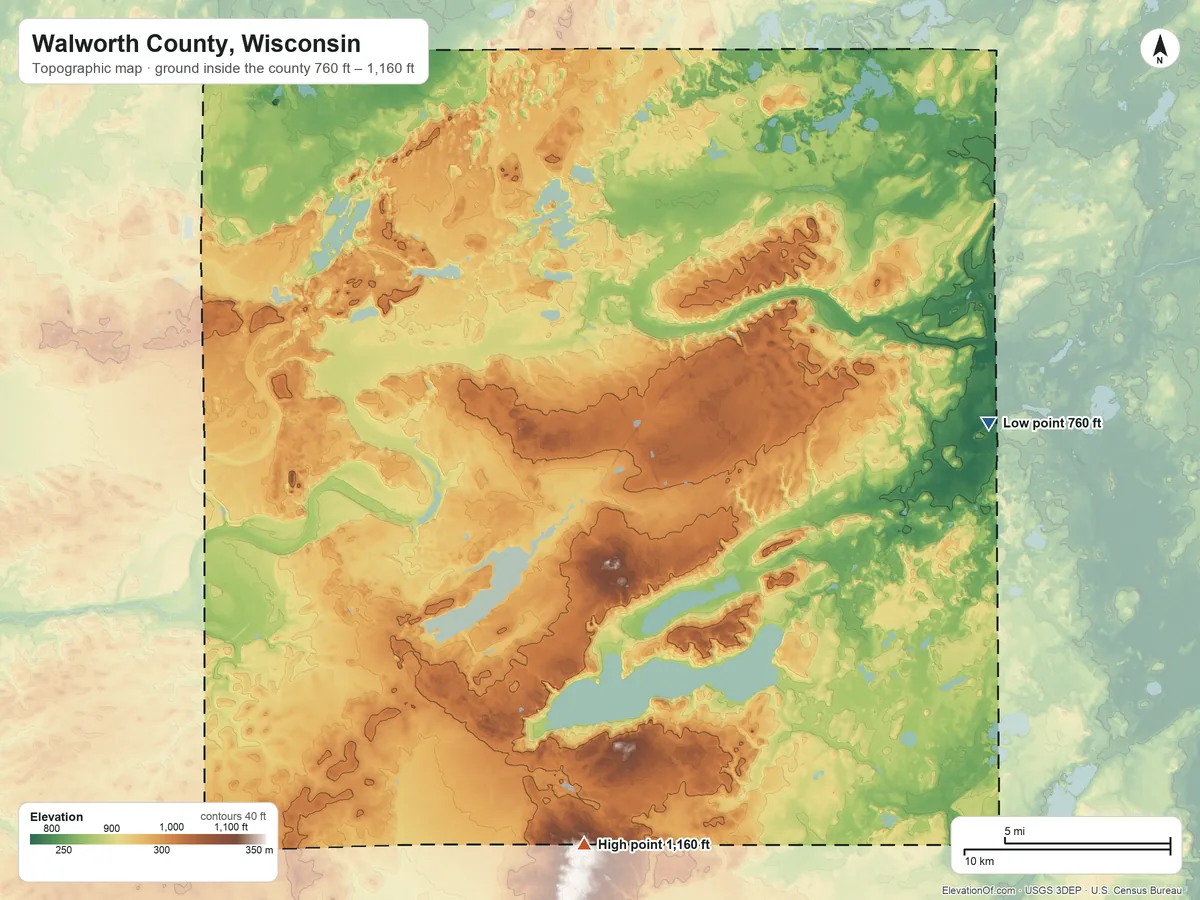 Topographic elevation map of Walworth County, Wisconsin, shaded from 760 ft on the east side to 1,160 ft on the south side