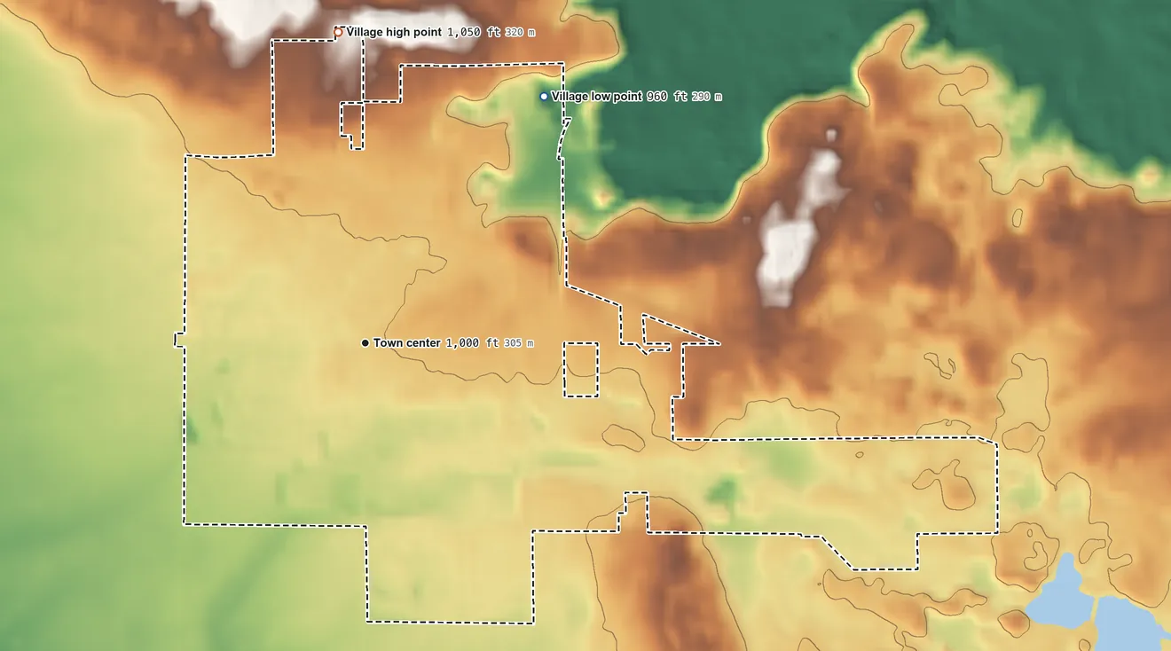 Topographic elevation map of Walworth, Wisconsin, shaded from 960 ft on the northeast side to 1,050 ft on the north side