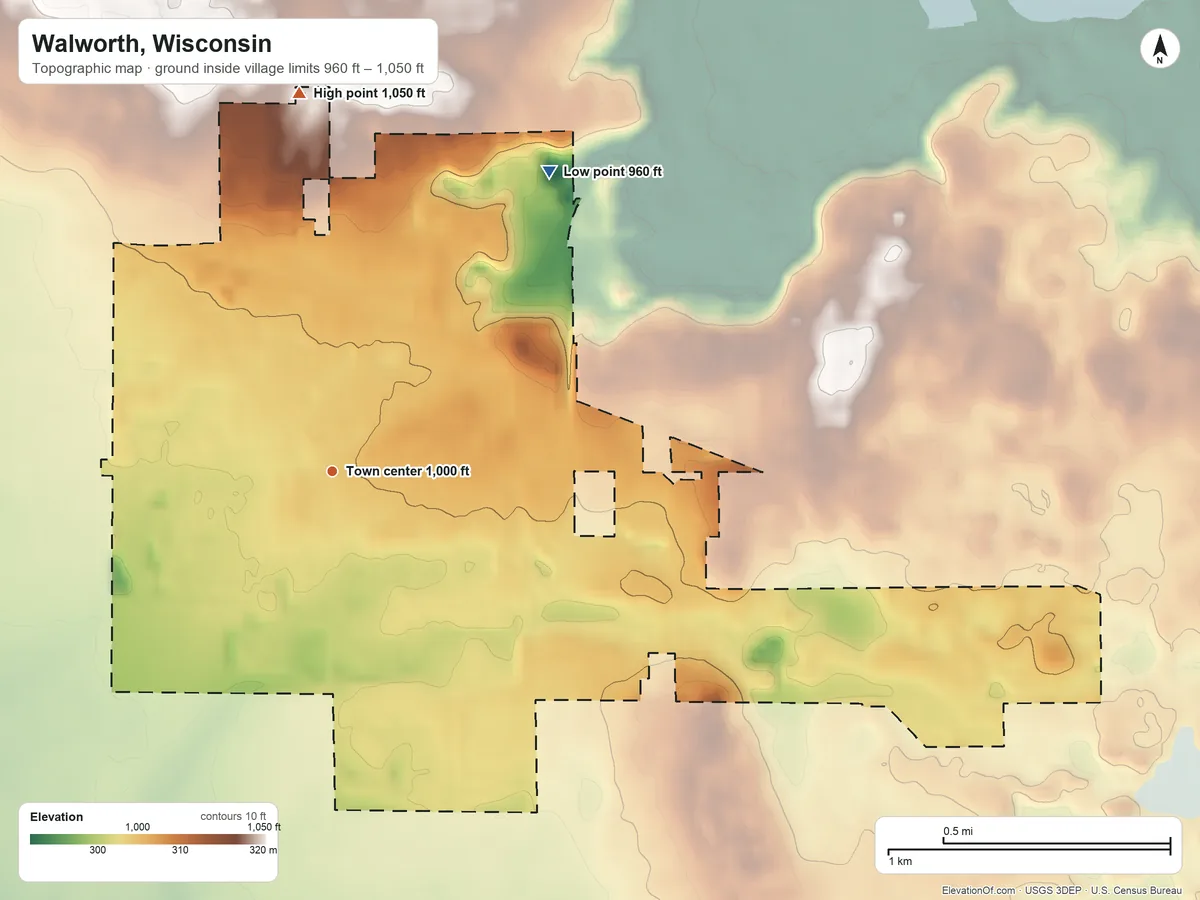 Topographic elevation map of Walworth, Wisconsin, shaded from 960 ft on the northeast side to 1,050 ft on the north side