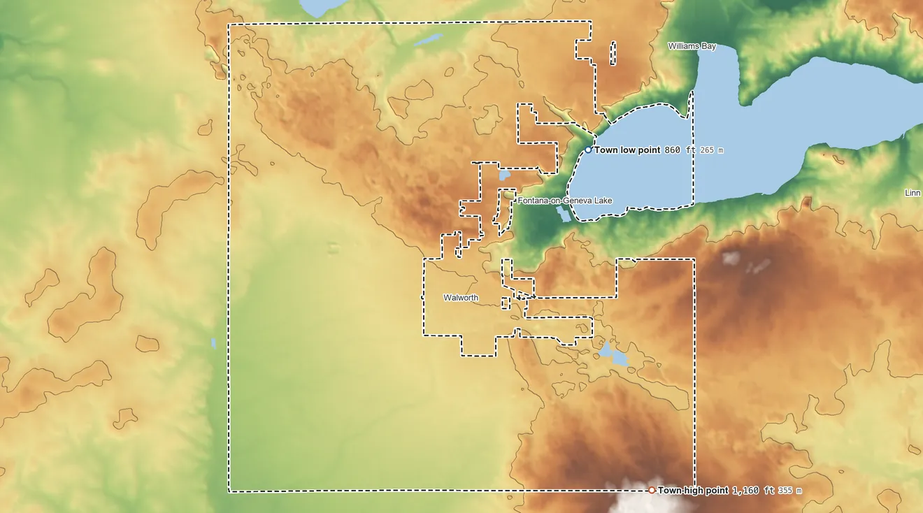 Topographic elevation map of Town of Walworth, Wisconsin, shaded from 860 ft on the northeast side to 1,160 ft on the southeast side