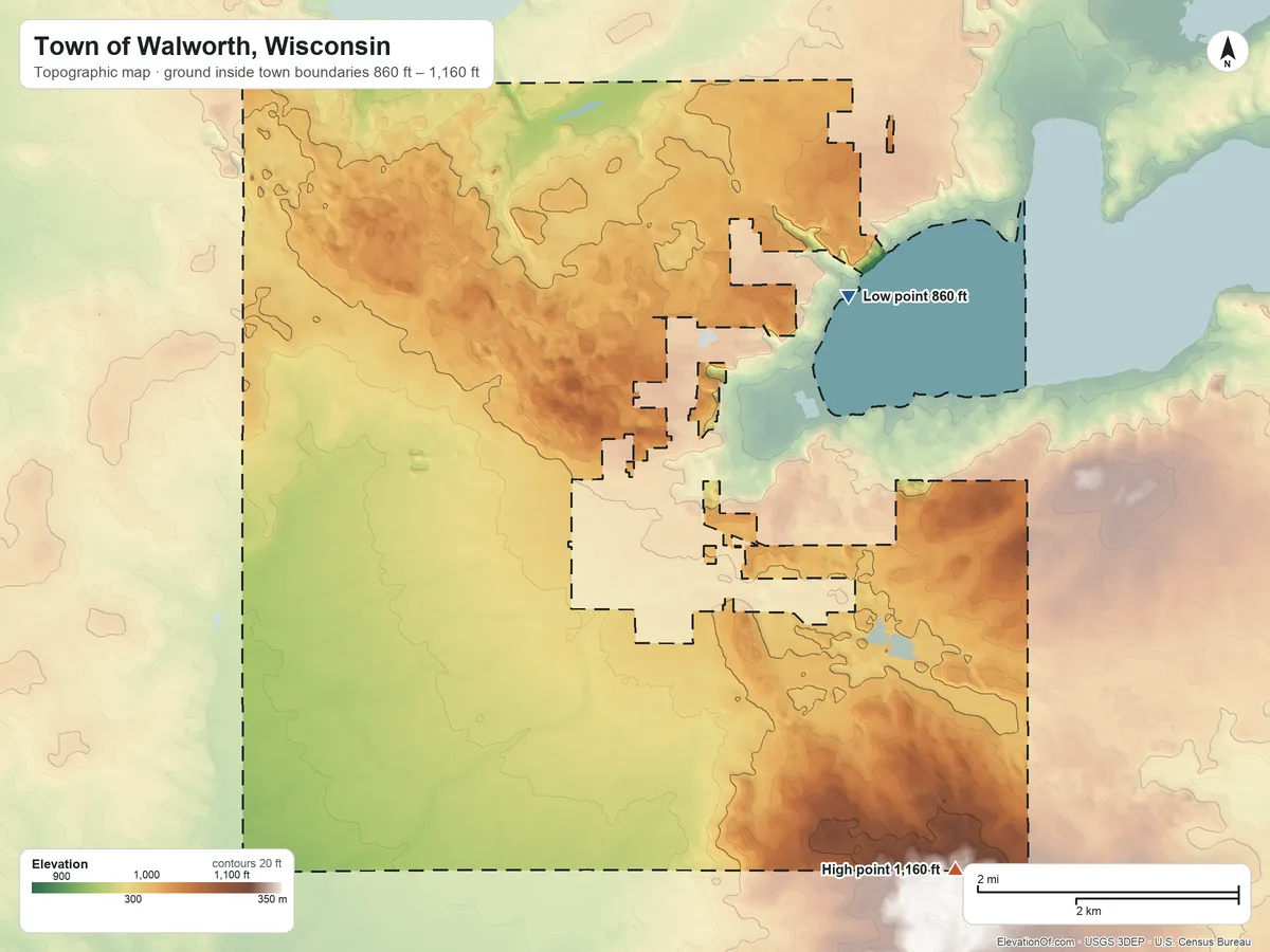 Topographic elevation map of Town of Walworth, Wisconsin, shaded from 860 ft on the northeast side to 1,160 ft on the southeast side