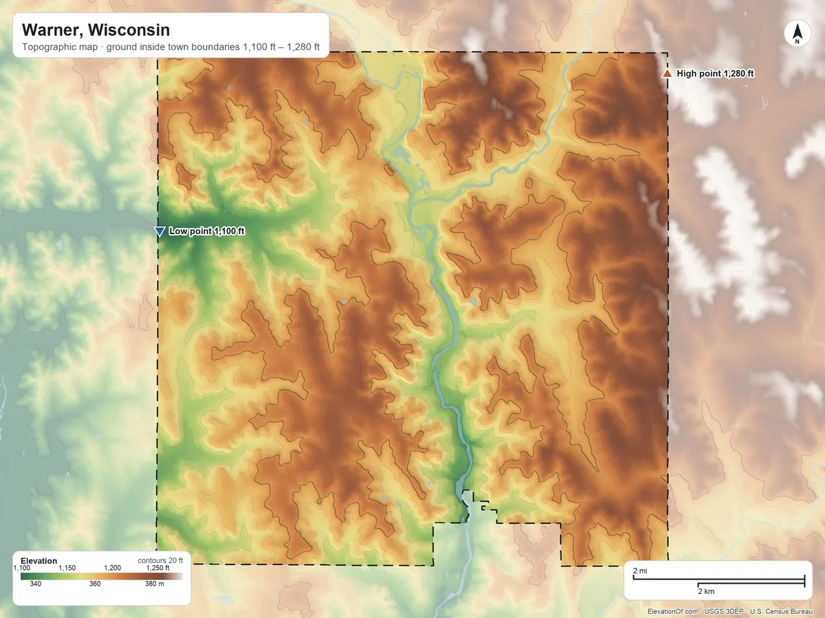 Topographic elevation map of Warner, Wisconsin, shaded from 1,100 ft on the west side to 1,280 ft on the northeast side