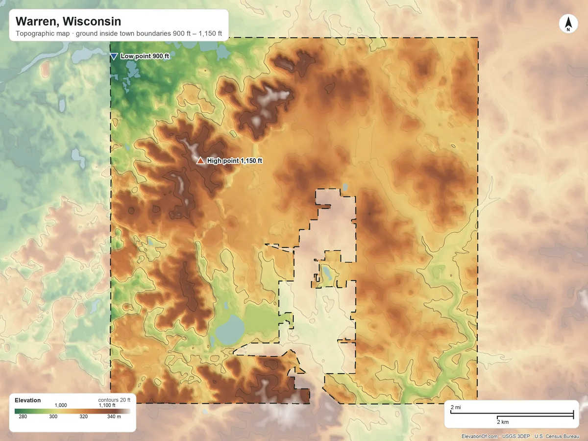 Topographic elevation map of Warren, Wisconsin, shaded from 900 ft on the northwest side to 1,150 ft on the northwest side
