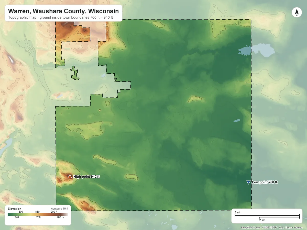 Topographic elevation map of Warren, Waushara County, Wisconsin, shaded from 760 ft on the southeast side to 940 ft on the southwest side
