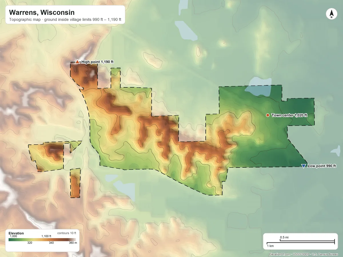 Topographic elevation map of Warrens, Wisconsin, shaded from 990 ft on the southeast side to 1,190 ft on the west side