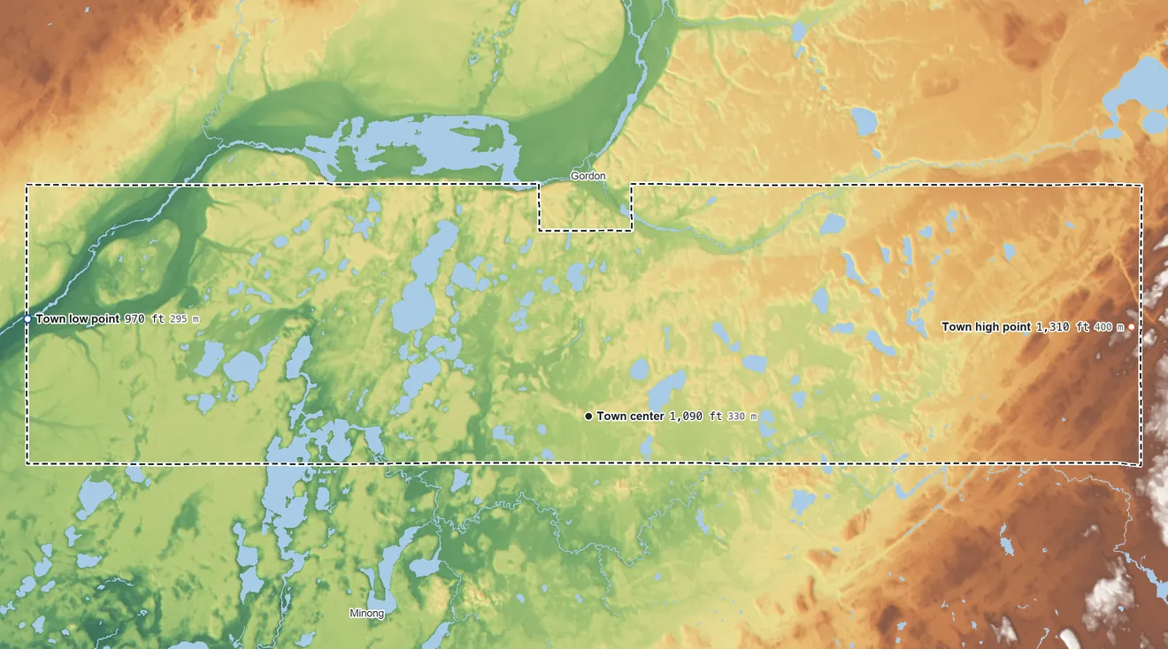 Topographic elevation map of Wascott, Wisconsin, shaded from 970 ft on the west side to 1,310 ft on the east side