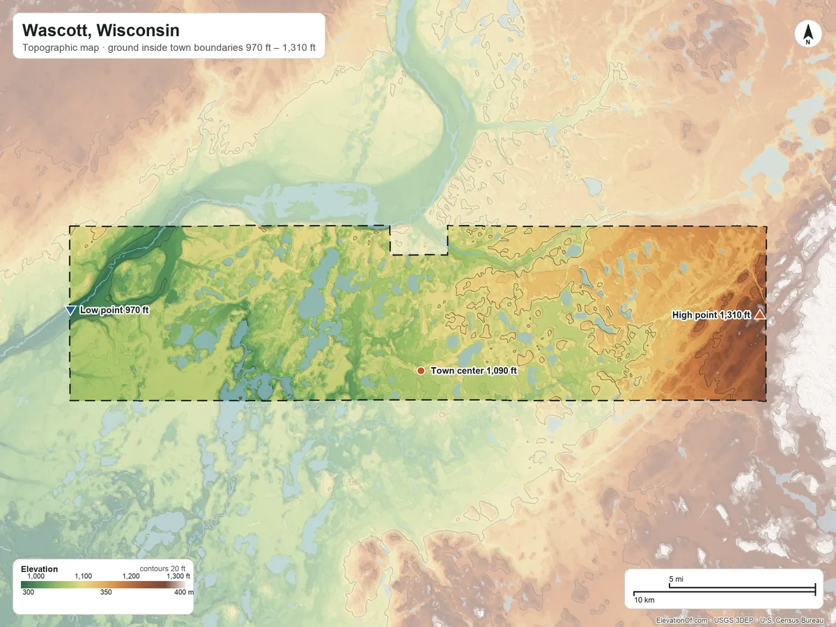 Topographic elevation map of Wascott, Wisconsin, shaded from 970 ft on the west side to 1,310 ft on the east side