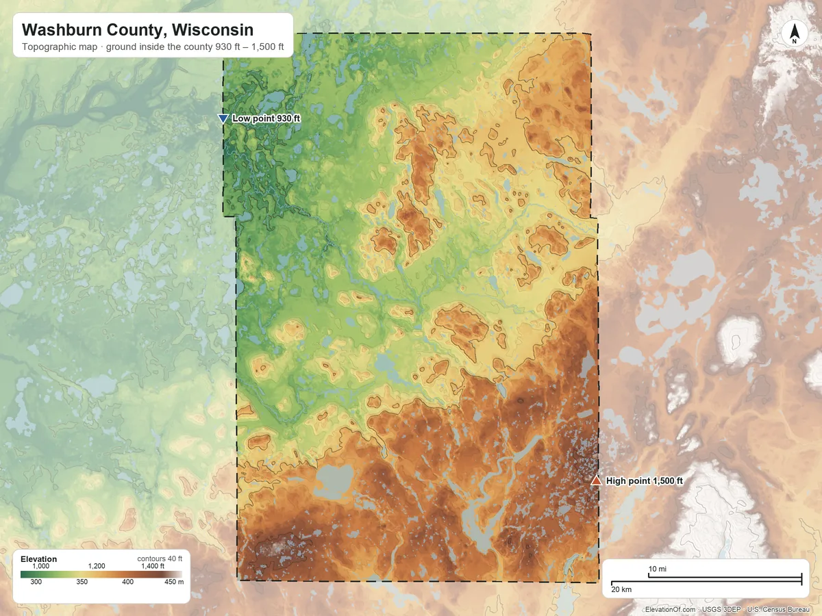 Topographic elevation map of Washburn County, Wisconsin, shaded from 930 ft on the northwest side to 1,500 ft on the southeast side