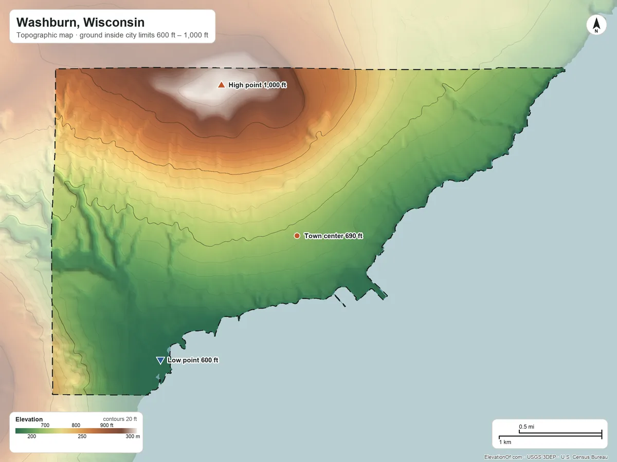 Topographic elevation map of Washburn, Wisconsin, shaded from 600 ft on the southwest side to 1,000 ft on the northwest side