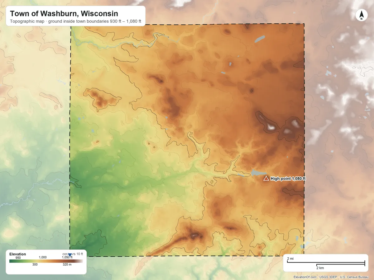 Topographic elevation map of Town of Washburn, Wisconsin, shaded from 930 ft on the southwest side to 1,080 ft on the southeast side