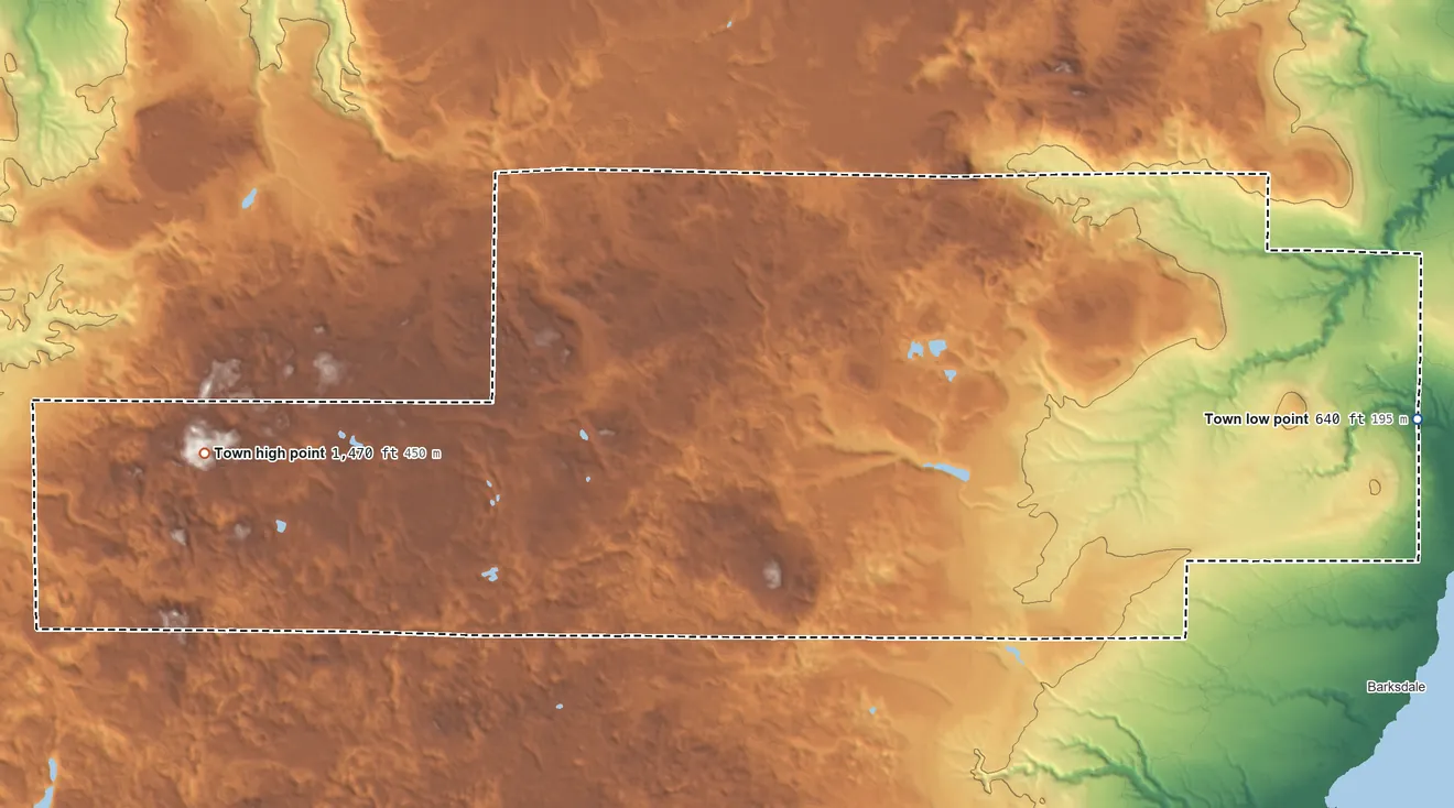 Topographic elevation map of Town of Washburn, Wisconsin, shaded from 640 ft on the east side to 1,470 ft on the west side