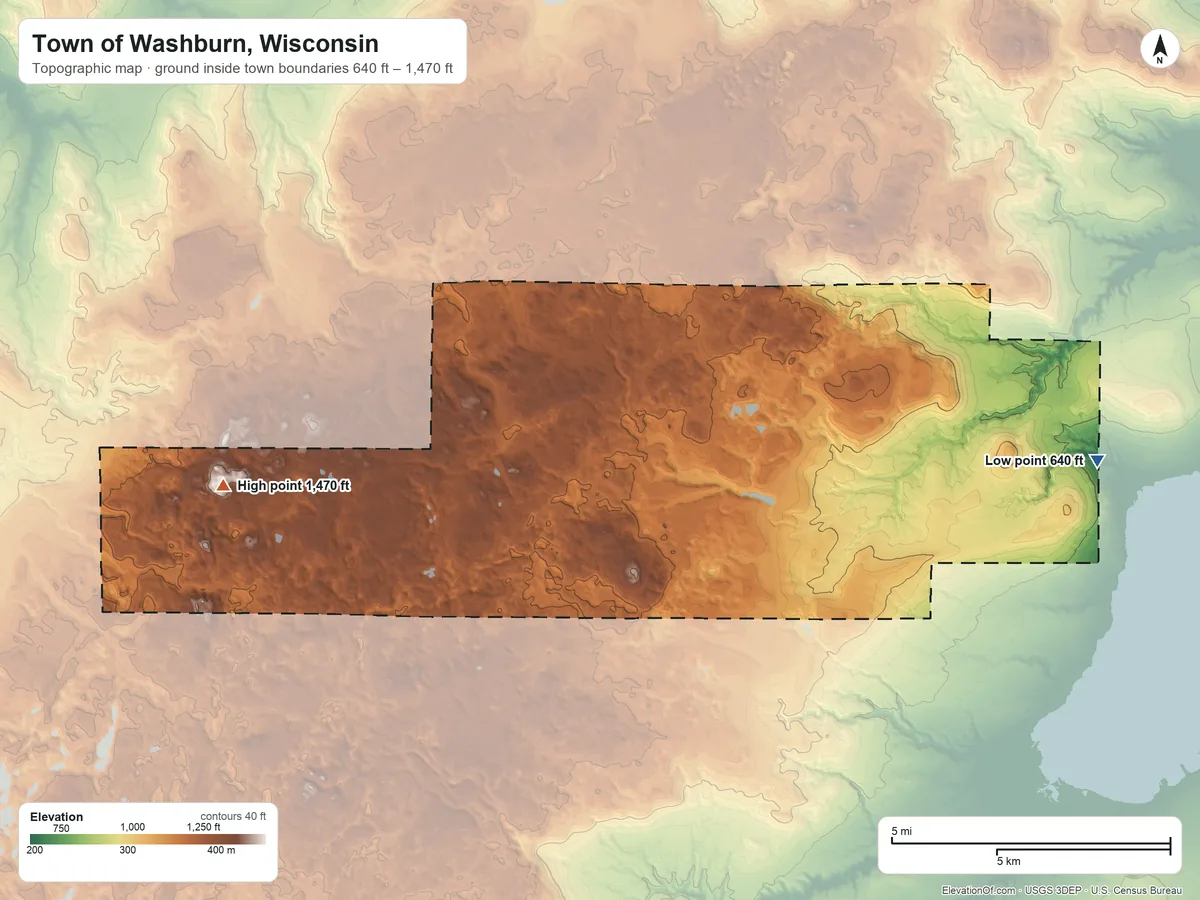 Topographic elevation map of Town of Washburn, Wisconsin, shaded from 640 ft on the east side to 1,470 ft on the west side