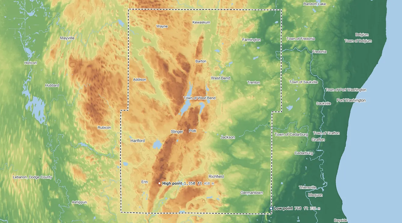 Topographic elevation map of Washington County, Wisconsin, shaded from 760 ft on the southeast side to 1,350 ft on Holy Hill