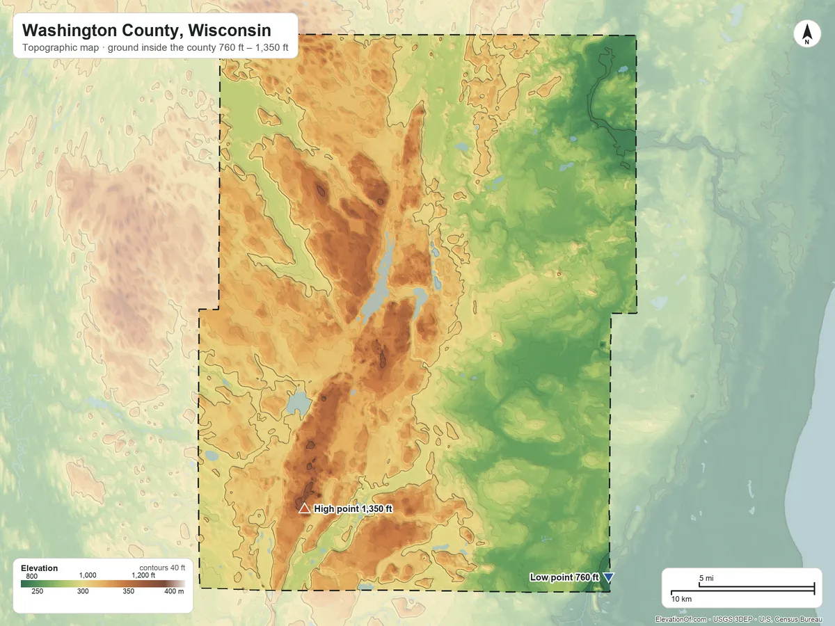 Topographic elevation map of Washington County, Wisconsin, shaded from 760 ft on the southeast side to 1,350 ft on Holy Hill