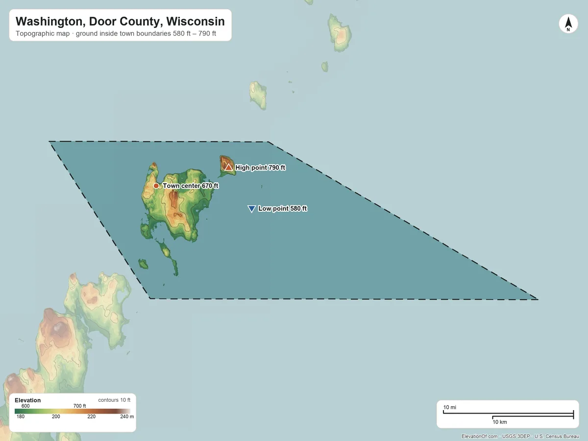 Topographic elevation map of Washington, Door County, Wisconsin, shaded from 580 ft on the east side to 790 ft on the east side