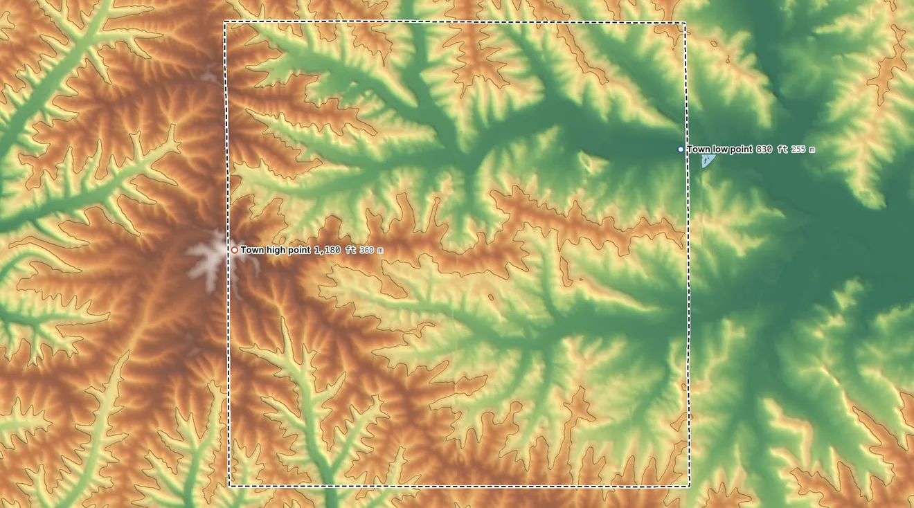 Topographic elevation map of Washington, Green County, Wisconsin, shaded from 830 ft on the northeast side to 1,180 ft on the west side