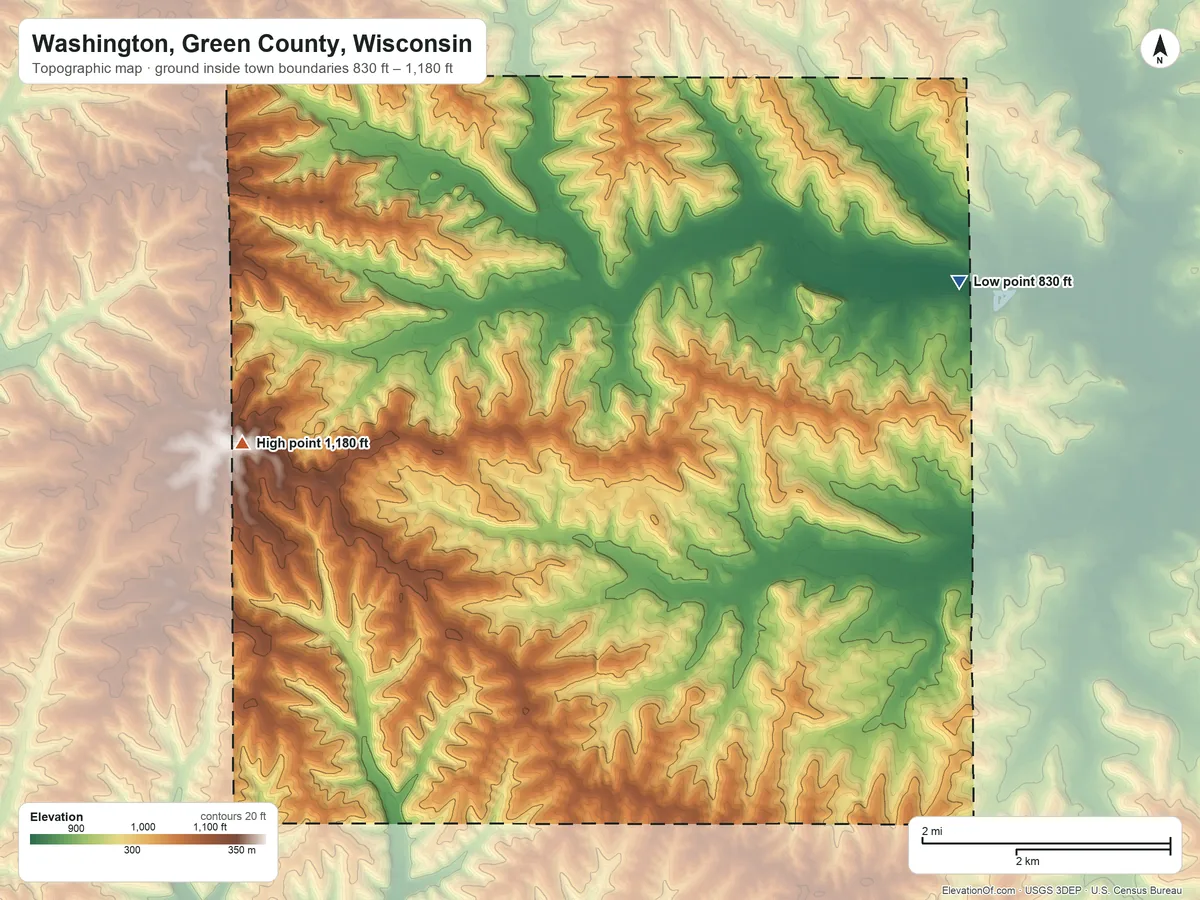 Topographic elevation map of Washington, Green County, Wisconsin, shaded from 830 ft on the northeast side to 1,180 ft on the west side