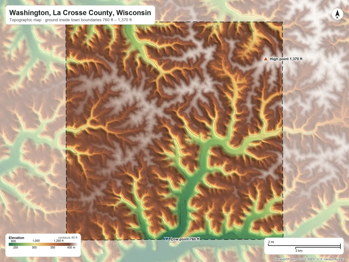 Topographic elevation map of Washington, La Crosse County, Wisconsin, shaded from 760 ft on the south side to 1,370 ft on the northeast side