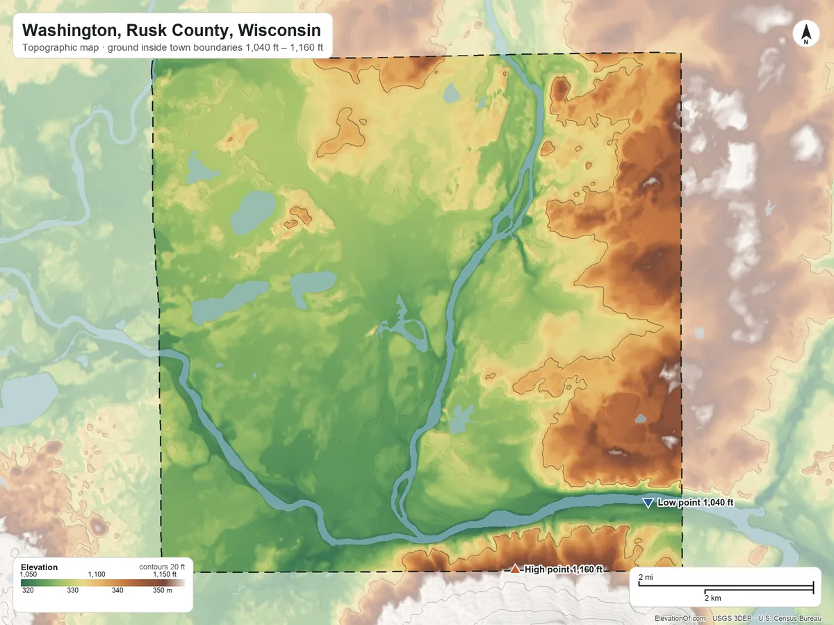 Topographic elevation map of Washington, Rusk County, Wisconsin, shaded from 1,040 ft on the southeast side to 1,160 ft on the south edge, below higher ground just outside