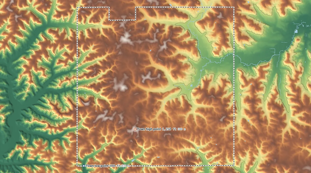 Topographic elevation map of Washington, Sauk County, Wisconsin, shaded from 900 ft on the southwest side to 1,250 ft on the southwest side